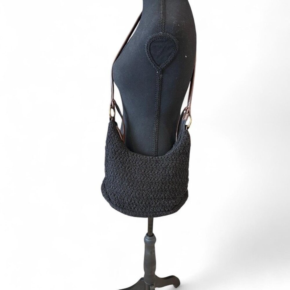 Coldwater Creek Black Crochet Shoulder Bag Boho‎ Hobo Purse Brown Strap